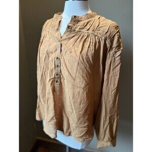 Pilcro Anthropologie Boho Button Down Popover Blouse Mustard Brown XL